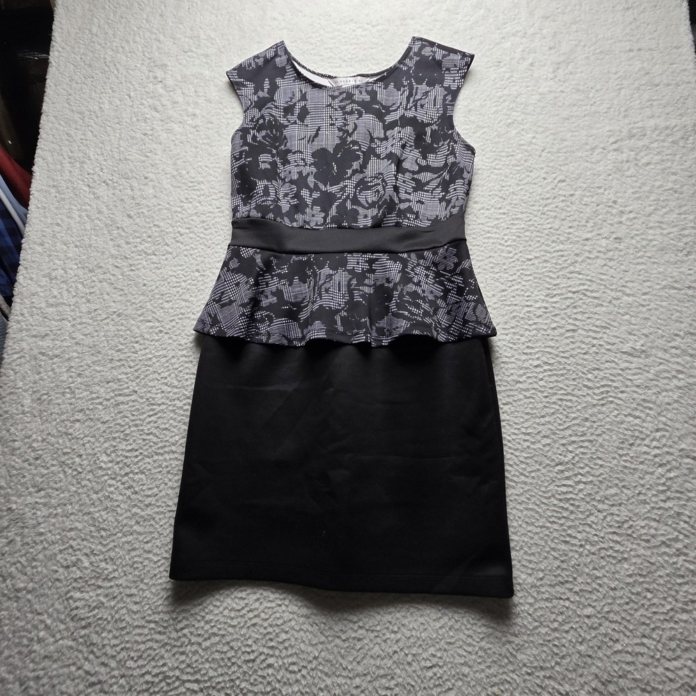 AA Studio Dress Womens 12 Black Floral Short Sleeve Round Neck Peplum Knee